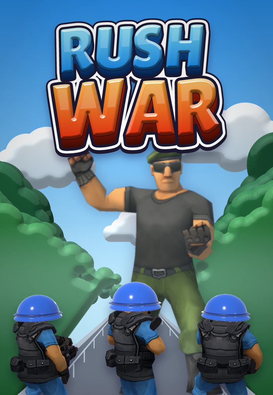 Rush War artwork: a sergeant with sunglasses leading three blue-helmet soldiers down a jungle road.