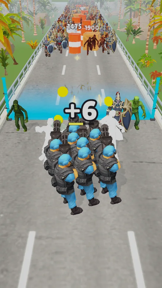 The squad runs through a +6 gate on an island bridge.