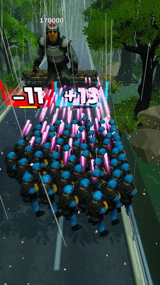 The squad faces a boss in a rainy jungle with a minus gate and a plus gate ahead.
