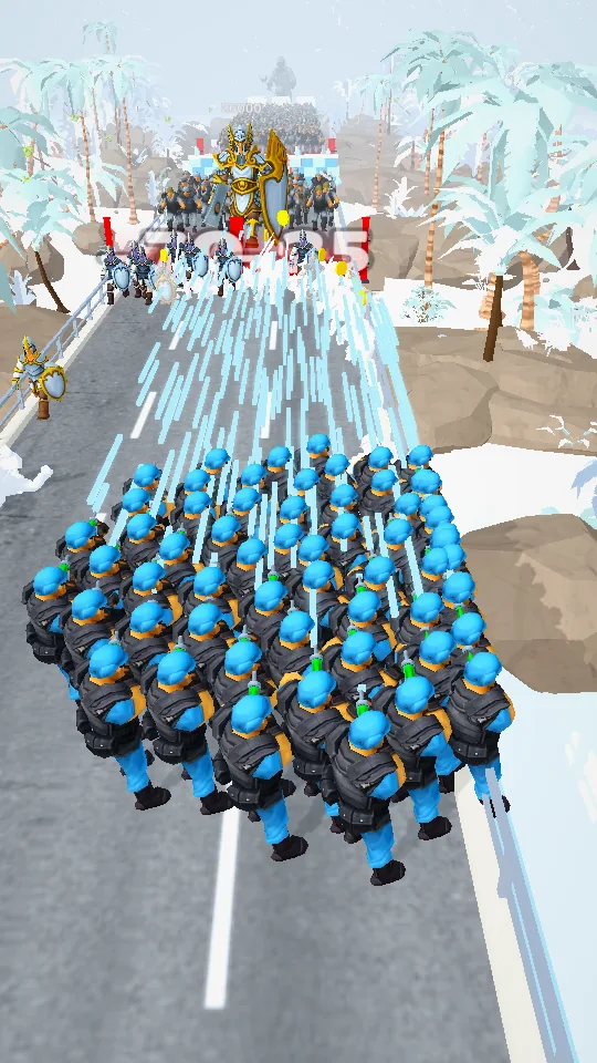 A large blue-helmet army fires at enemies on a snowy road.